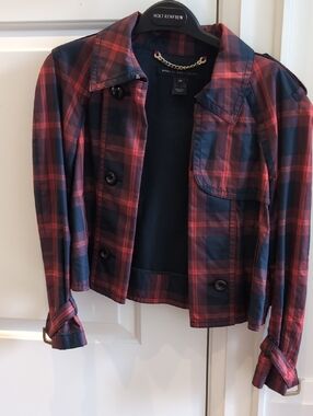 Marc by Marc Jacobs Red and Navy Plaid Cropped Trench Coat